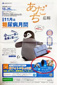 あだち区報の表紙（糖尿病月間チャレンジ企画「秋フォト×ちょこ活」掲載号）