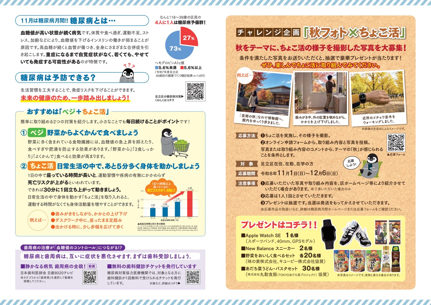 足立区 糖尿病月間「秋フォト×ちょこ活」リーフレット(応募方法・プレゼント詳細)